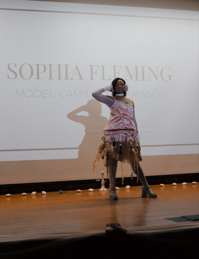 student designer and sophomore fashion design major sophia fleming won best in show at fsos annual art of contrast fashion show. // model: camille mcpherson // photo by alexis wesie